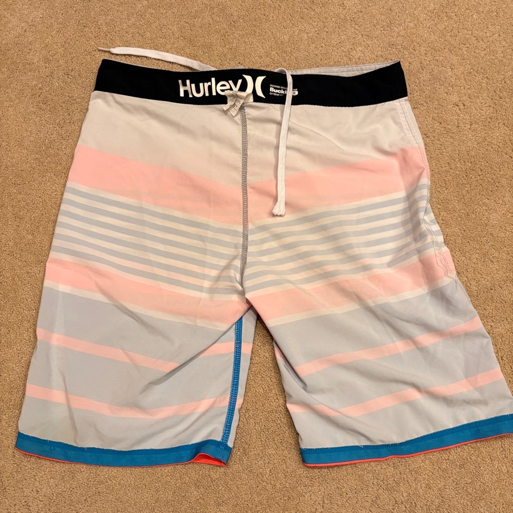 Hurley Phantom Boardshorts Swimwear Mens 32 Beach Surf Summer Striped Grey Blue - Picture 10 of 10